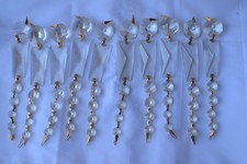 Lot of 10 Vint. Faceted Cut Crystal Glass Chandelier Prisms. Gold Tone Fixtures.