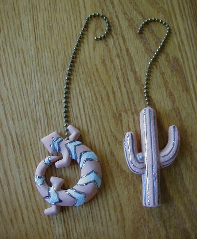 Set of Two Hand Painted Southwest Ceiling Fan or Light Pulls Lizard and Cactus