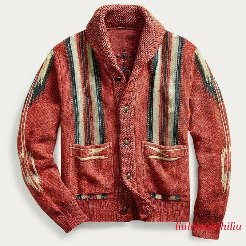 Mens Retro Cardigan Autumn and Winter Vintage Print Sleeve Lapel Knit Sweater