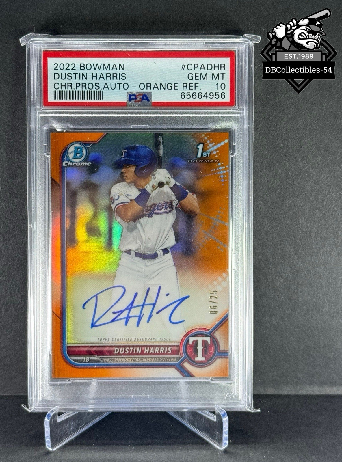 2022 Bowman Chrome Dustin Harris 1st True Orange Auto 06/25 PSA 10 Texas
