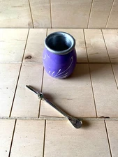 Mate Cup Vintage Engraved Purple Aluminum Argentine Yerba Mate Gourd Set Straw