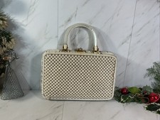 Vintage White Rattan/Beaded Box Purse Pearly Lucite Handle Mid Century Hong Kong