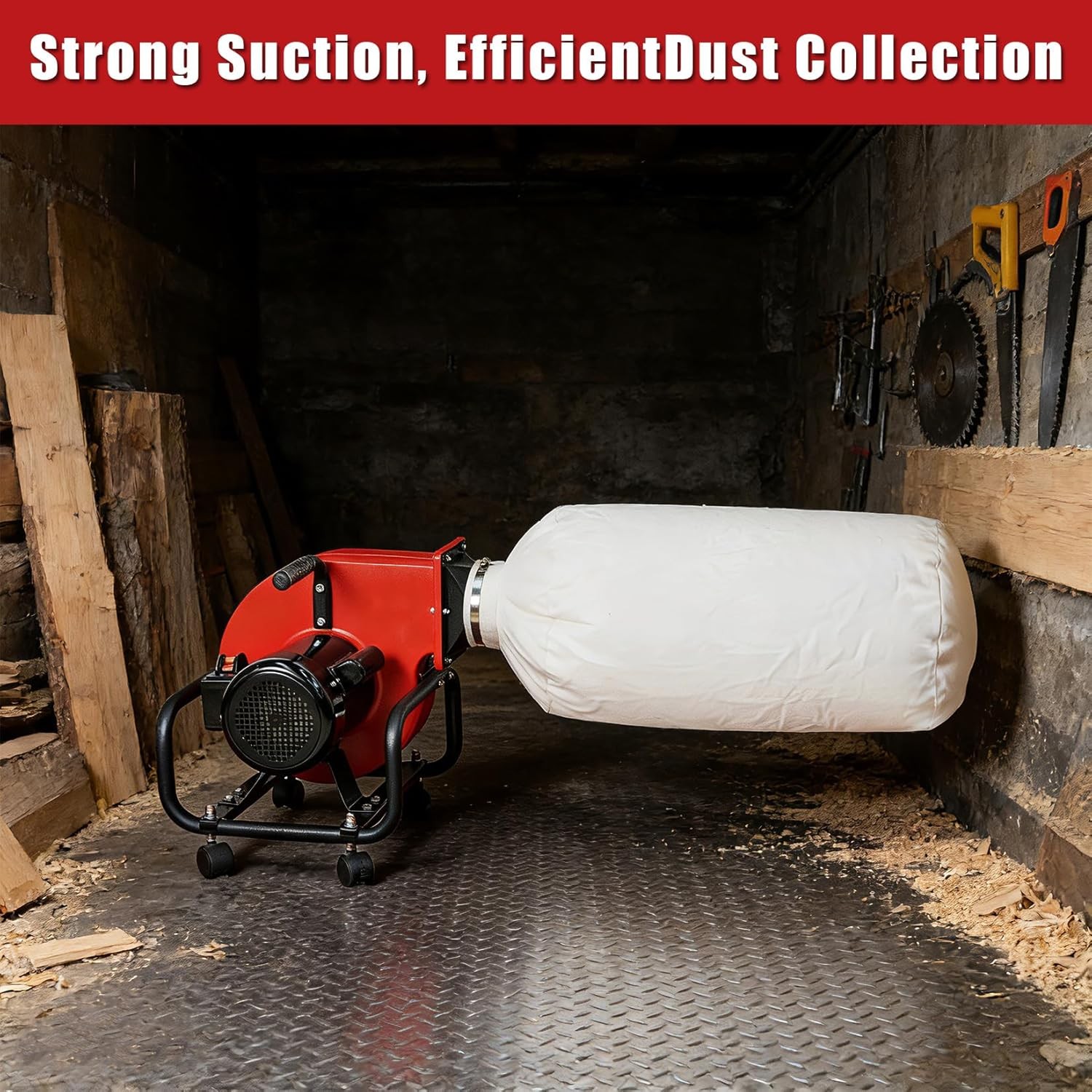 Horizontal Woodworking Dust Collector 750W (1HP) with 15-Gallon Collection Bag