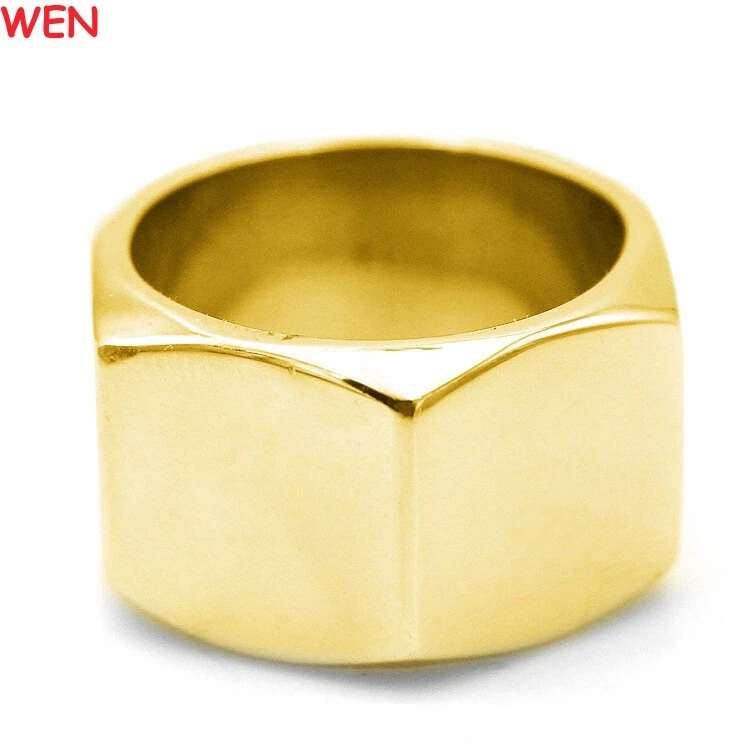 Anillo de boda hip hop punk enchapado en oro de 13 mm de titanio pulido para hombre con forma de tuerca grande Foto 4 de 4