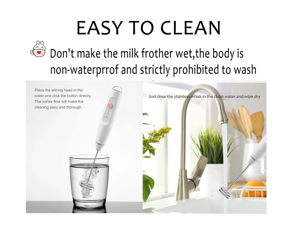 Milk Frother Handheld Foam Maker with 2 Stainless Stirring Head 3 Speed Recha...