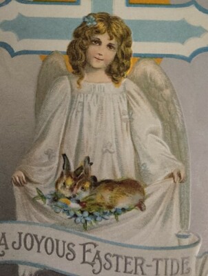 Angel with Rabbits Joyous Easter-Tide Embossed Vintage Postcard Unposted