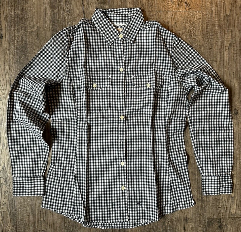 Banana Republic Soft Wash Woman Shirt Cotton Gingham White Navy Pockets Sz S