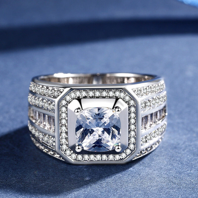 Alianza de Lujo 14mm Para Hombre Oro Blanco Relleno Boda 8*8MM Redonda AAA Circonita Anillo Talla 7-12 Foto 2 de 4