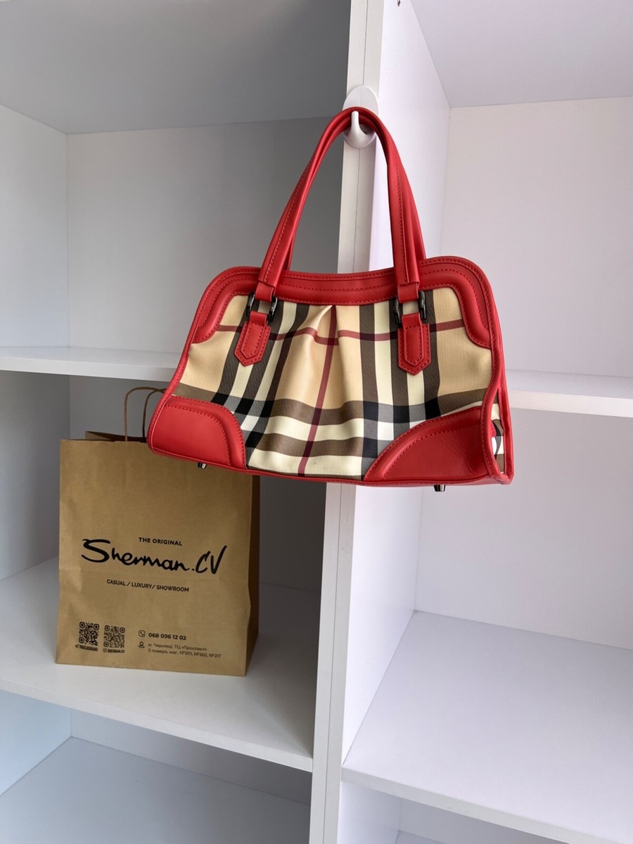 Vintage Burberry Red Patent Leather Trim Super Nova Check Tote Bag