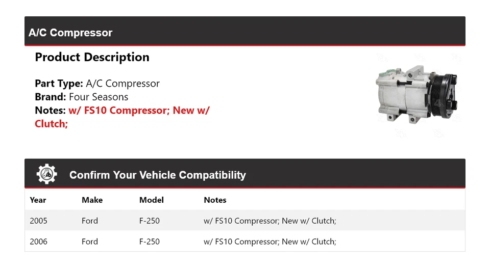 Compresor de aire acondicionado para Ford F-250 2005-2006 4 estaciones Foto 2 de 4