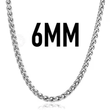 6mm Mens Chain Braided Wheat Spiga Silver Tone Stainless Steel Necklace