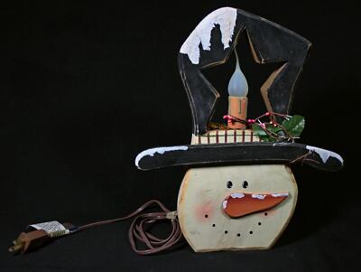Hand-Crafted Artist-Made Primitive Lighted Wood Snowman Head