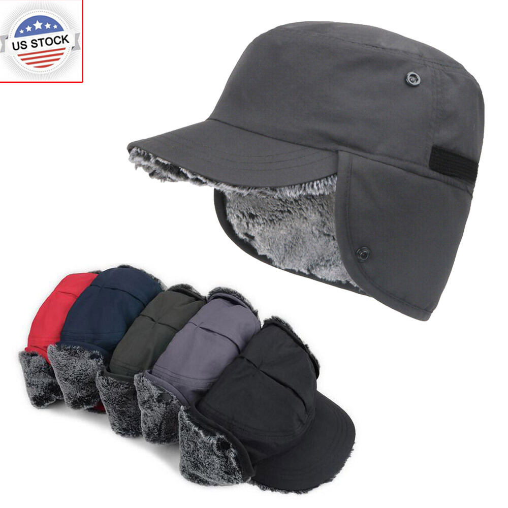 Winter Hat with Earflaps Fur Hats Windproof Ski Warm Cap Flat Cap