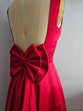 Red Satin Low Back Tea Length Skirt Oversized Backbow Vintage Style Maisel