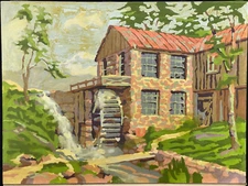 Vintage c 1960 Paint by Number New England Grist Mill, Stream, 16" x 12"