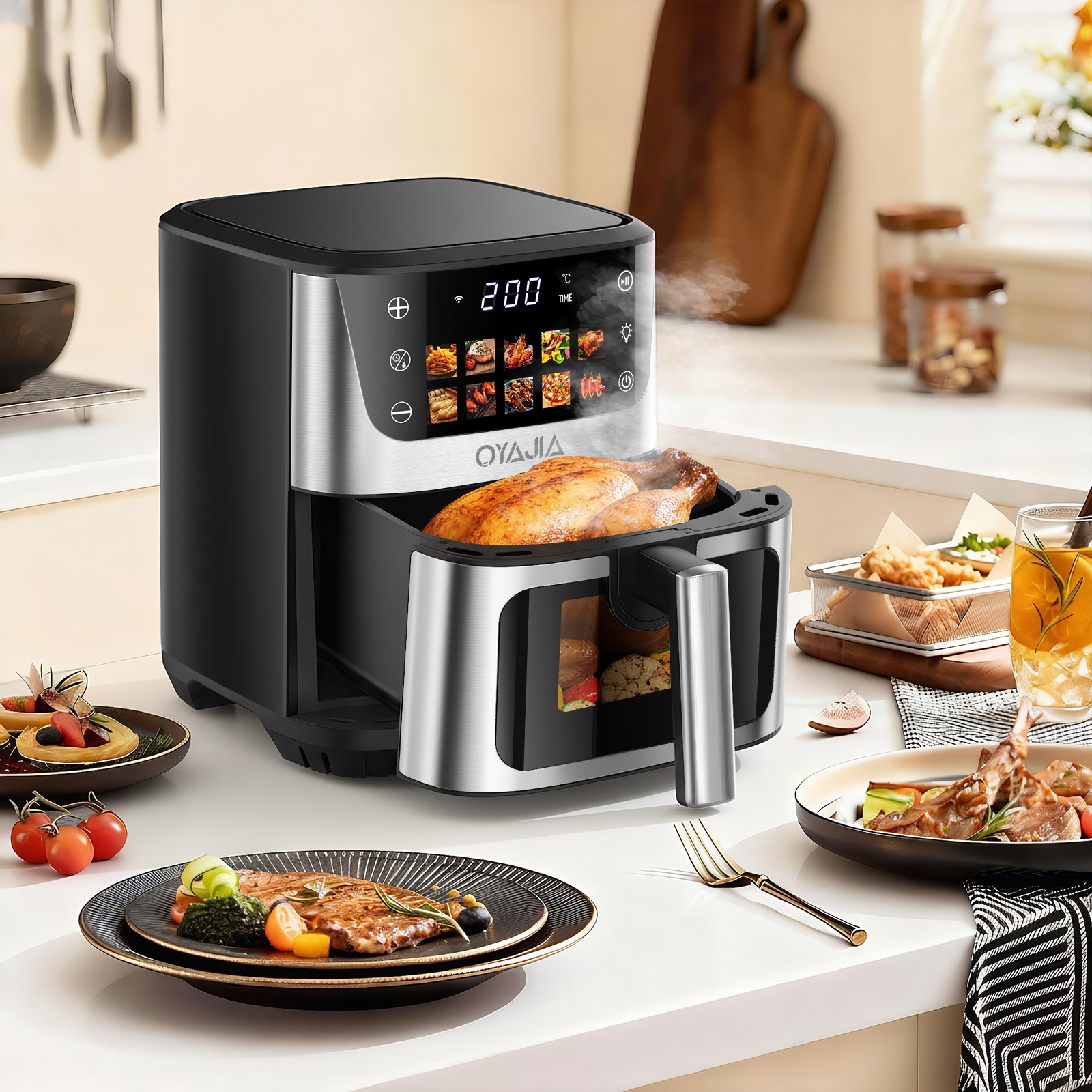 Friggitrice ad Aria Calda Airfryer con Finestra 1600W 6,5L 10Programmi Schermo a Colori foto 3