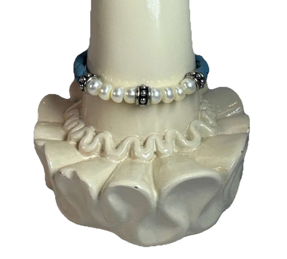 "Brazalete trenzado de cuero beige perla de agua dulce vintage Honora de plata esterlina 7""" Foto 2 de 4