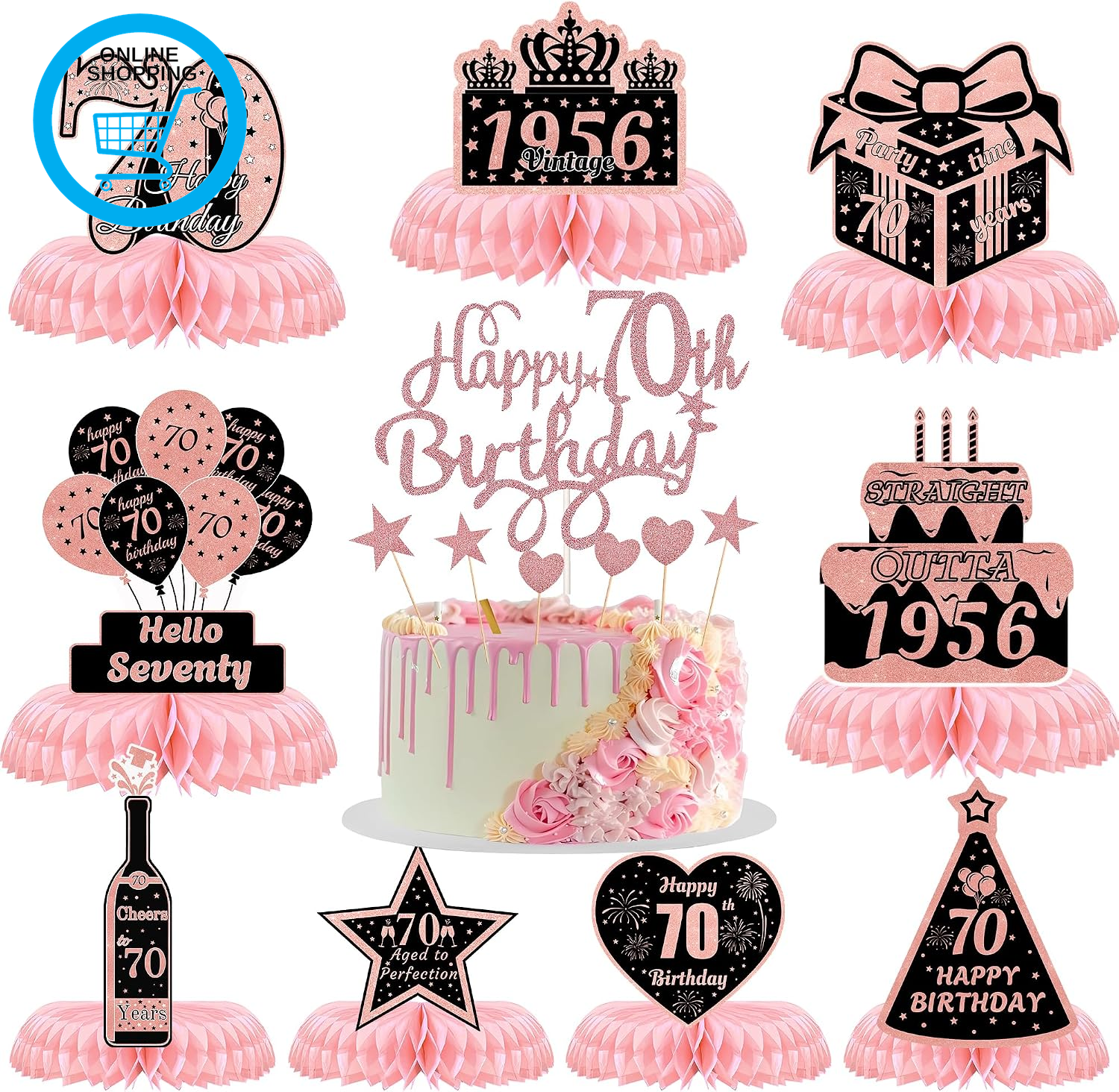 70Th Birthday Table Decorations - 10 Pcs Rose Gold Honeycomb Centerpieces & Cake