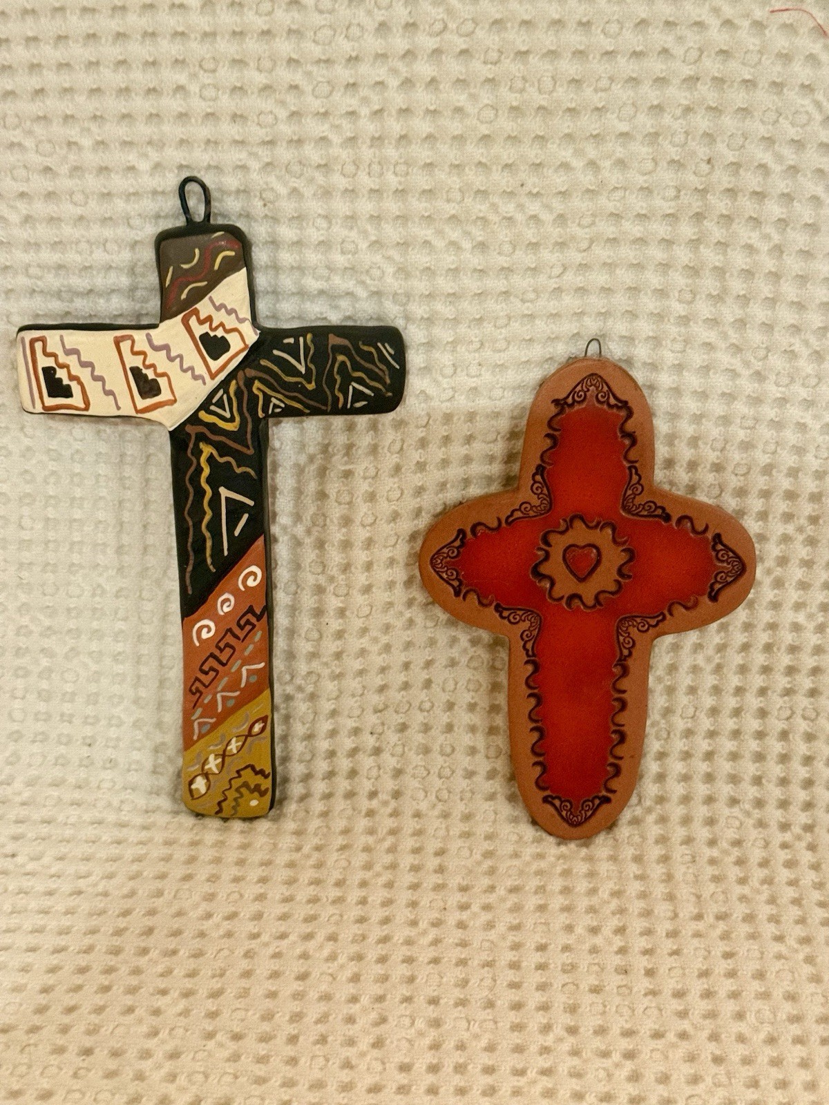 2 FolkArt Handmade Terra Cotta Southwestern Design Crosses Christian Catholic