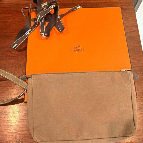 Hermes pouch wristlet canvas and leather small bag Etoupe
