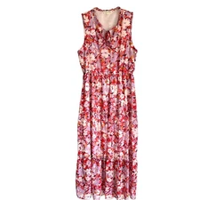 Indigo Rose Sz L Floral Sleeveless Maxi Dress Tiered Lined Tie Front V-Neck
