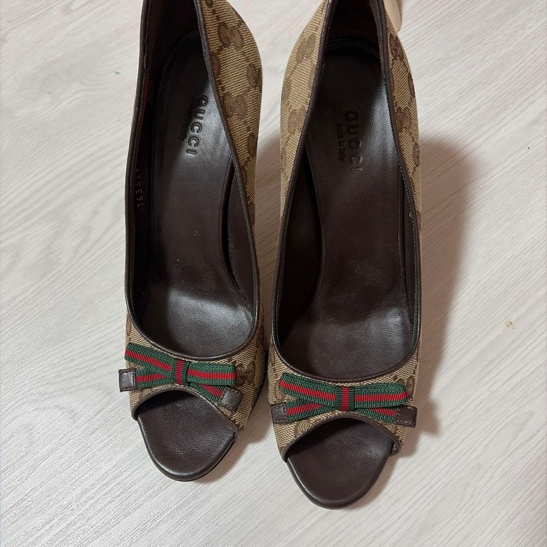 GUCCI Sherry Line GG Canvas Open Toe Pumps Size EU36.5 US6.5 Elegant Vintage