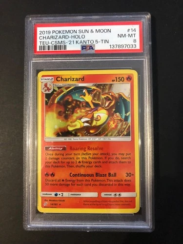 PSA 8, Charizard - 14/181 - Pokemon Team Up Sun & Moon Cracked Holo Rare Card NM