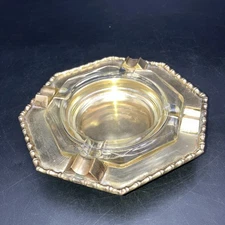 Vintage Glass and Brass Ashtray Barware W/beautiful Patina 