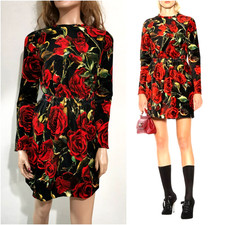 🆓US🛃 FW2015 Dolce&Gabbana red roses printed black velvet dress IT 40