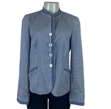 Womens Blue White Striped Cotton/Acetate Blazer Size 8 Slim Fit Stylish