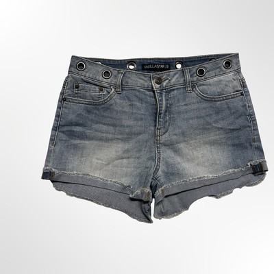 Vanilla Star High-Rise Denim Shorts Size 9 Raw Hem Grommet Detail Light Wash