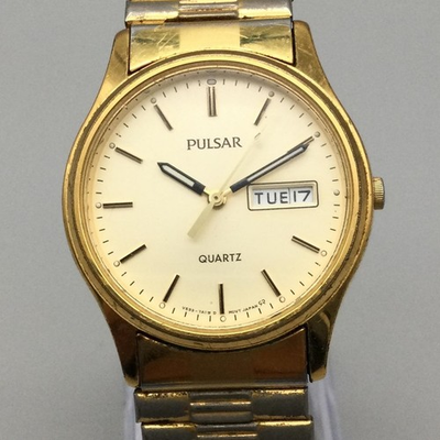 #ad Vintage Pulsar Mens Watch 34mm Champagne Dial Two Tone Day Date New Battery $26.99