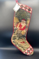 Vintage Wool Needlepoint Christmas Stocking Santa Red Velvet Back 19  