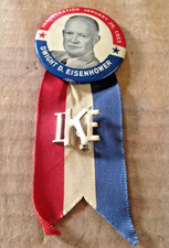 Vintage Election campaign pinback button IKE Lapel Pin Ribbons Red White & Blue