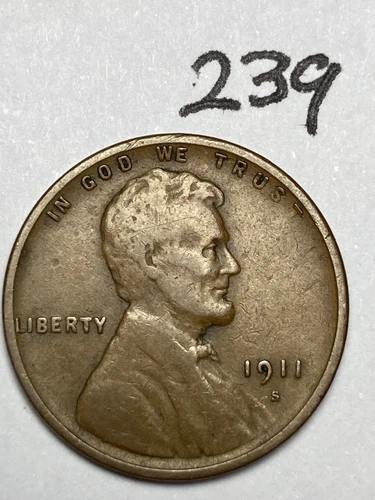 1911-S LINCOLN WHEAT CENT, rare date, "FINE" condition #239