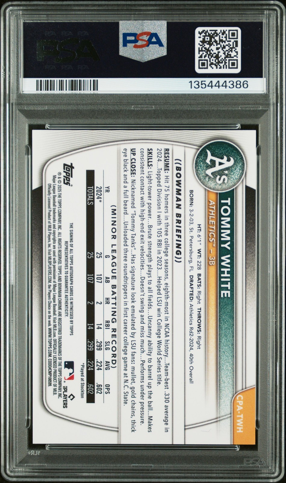 2025 BOWMAN CHROME PROSPECT AUTO GREEN LAVA #CPATWH TOMMY WHITE 71/99 PSA 9 view 2
