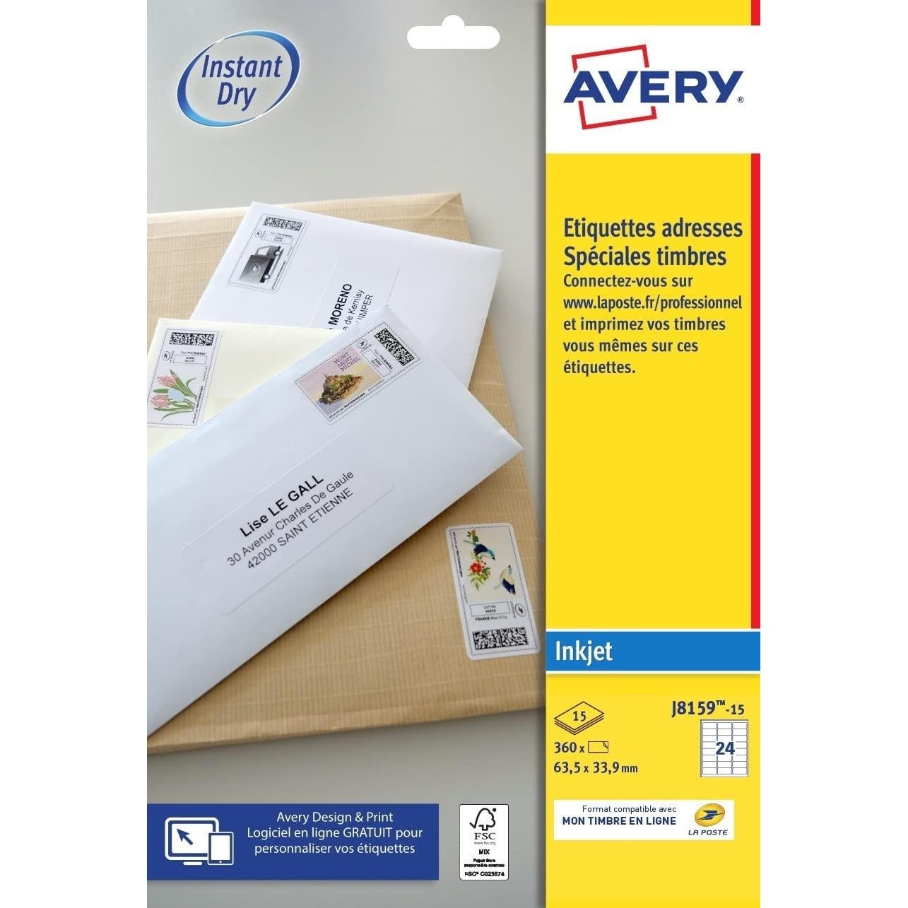 Avery étiquettes MonTimbrenligne jet d'encre autocollantes J8159-15-3