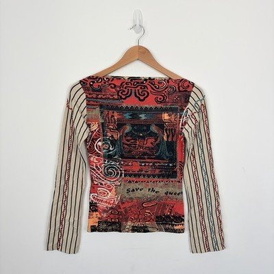 Save the Queen Pattern Long Sleeve T-Shirt Small Y2K Vintage Retro Women's