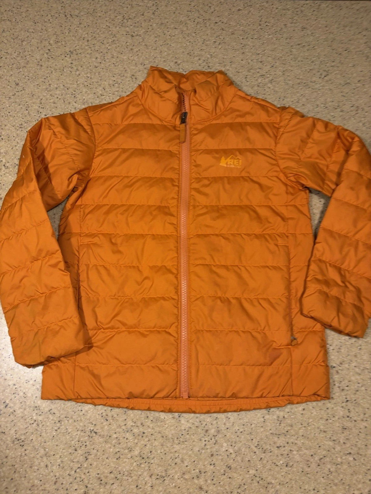 REI Co-op Down Puffer Jacket Boys Orange Quilted Lightweight Full Zip Insulated