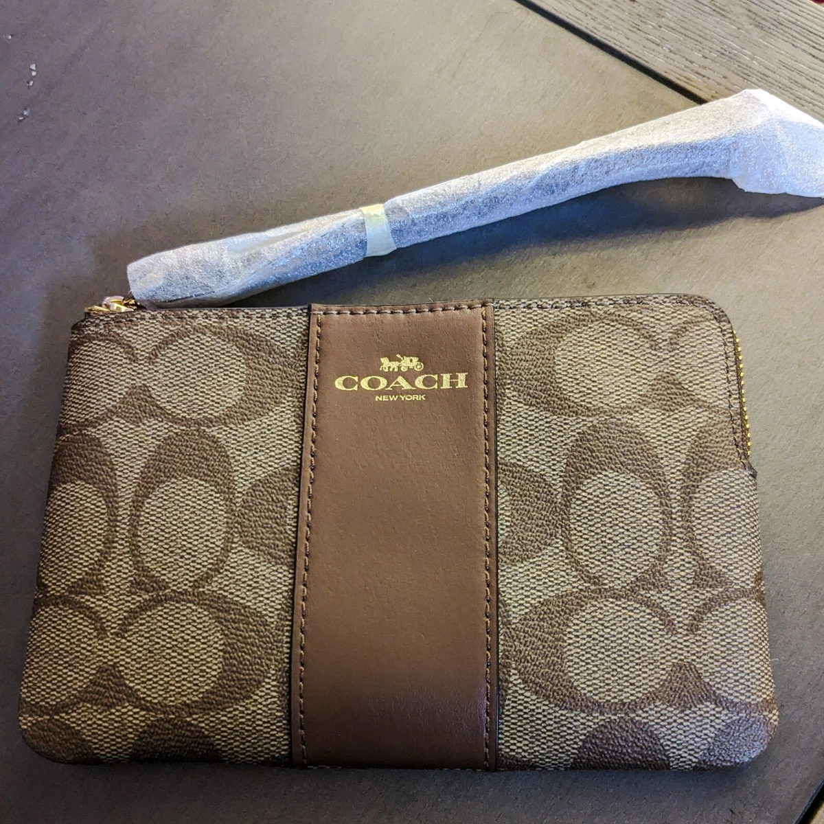 NWT Genuine Coach Corner Zip Wristlet In Signature Canvas Khaki Saddle Brown
