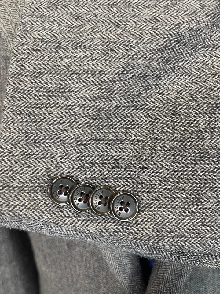 TOMMY HILFIGER 40R СЕРЫЙ ТВИДОВАЯ ШЕРСТЬ HERRINGBONE BLAZER СПОРТИВНОЕ ПАЛЬТО ЛОКОТЬ ПАТЧИ - Изображение 3 из 4