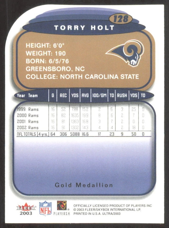 2003 Fleer Ultra Gold Medallion Torry Holt St. Louis Rams #128 - Image 2 of 2
