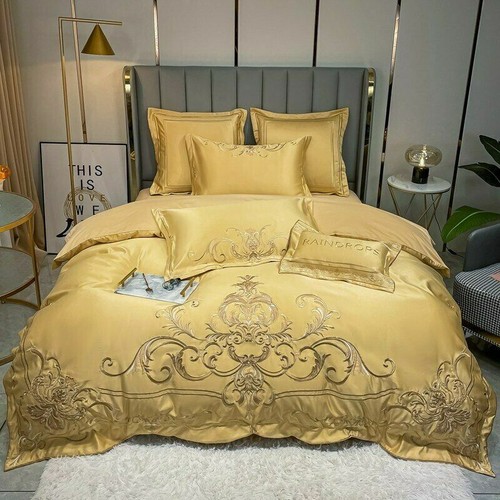 Luxury Gold Embroidery Satin Washed Silk Cotton Bedding Set Soft Silky