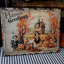 ADORABLE PRIMITIVE VINTAGE OLD STYLE HALLOWEEN GREETINGS PUMPKINS HOUSE SIGN