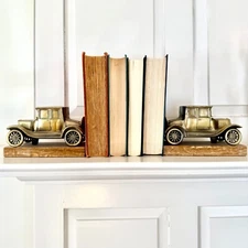 Park Sherman Bronze Car Bookends 1950s Heavy Brass Finish on Marble Base Vintage