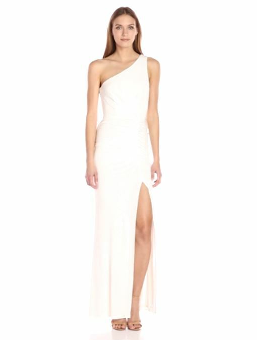 ABS Allen Schwartz Women's One Shoulder Fitted Gown W/Shirring Details, Ivory, M