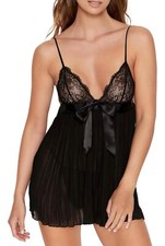 Victoria's Secret Women Medium Black Satin Bow Tie Floral Lace Baby Doll Nightie