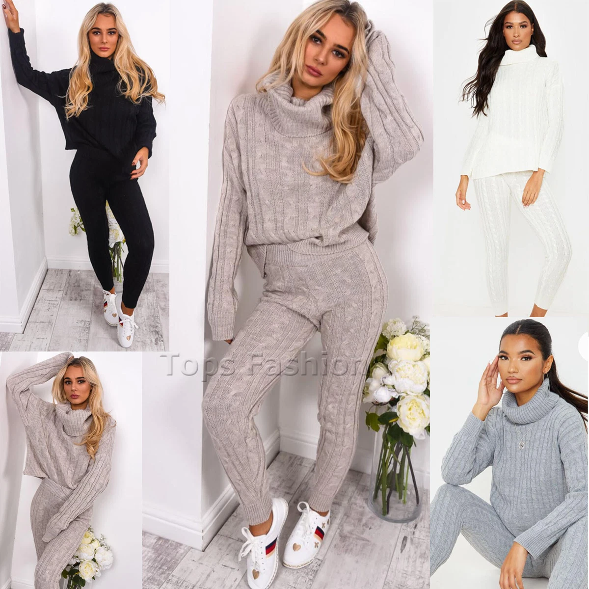 Womens Ladies Knitted Lounge Wear Tracksuit Pyjamas Suit Loungewear Set 2  Piece