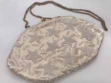 La Regale Vintage Ivory Pearl Beaded Satin Evening Purse Kiss Lock with Chain