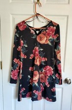 By & By NWT Floral French Terry Swing Dress Junior XL Lace Up Back Long Sleeves
